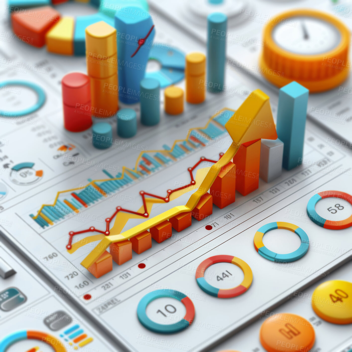 Buy stock photo 3d graphs, management and budget strategy or corporate, accounting and  Planning for company cost, sales and credit to save money. Financial data, graphs and charts to analyze numbers on background.