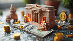 3d bank building, coins and money illustration or representation. Financial data, business and economic transaction concept with cartoon style. Currency, trade and commercial exchange on background