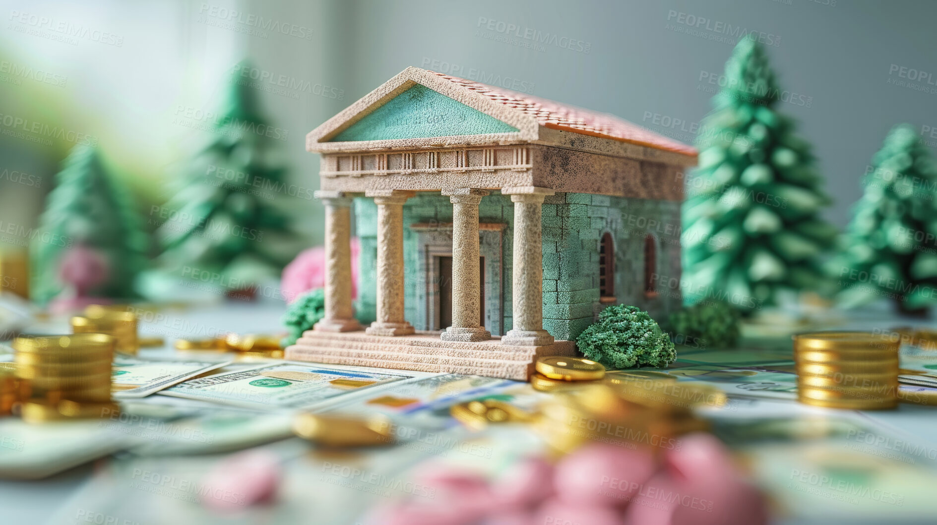 Buy stock photo 3d bank building, coins and money illustration or representation. Financial data, business and economic transaction concept with cartoon style. Currency, trade and commercial exchange on background