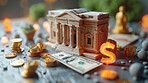 3d bank building, coins and money illustration or representation. Financial data, business and economic transaction concept with cartoon style. Currency, trade and commercial exchange on background