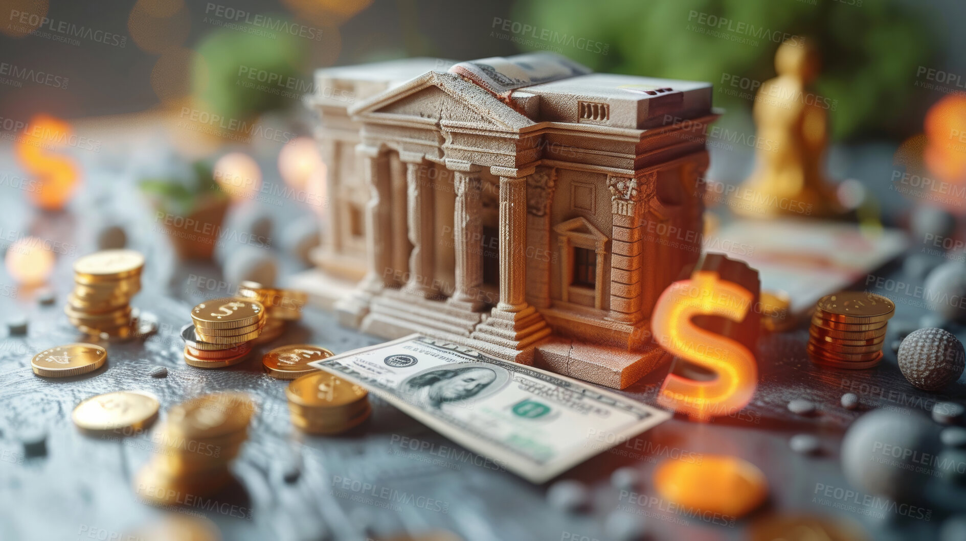 Buy stock photo 3d bank building, coins and money illustration or representation. Financial data, business and economic transaction concept with cartoon style. Currency, trade and commercial exchange on background