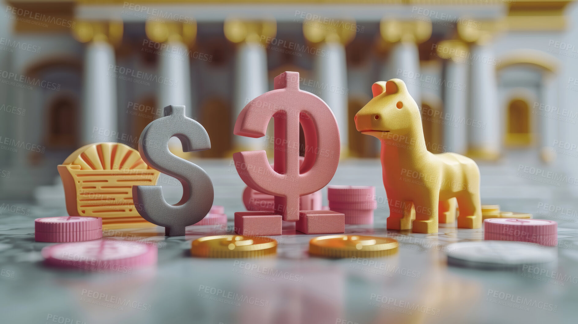 Buy stock photo 3d bank building, coins and money illustration or representation. Financial data, business and economic transaction concept with cartoon style. Currency, trade and commercial exchange on background
