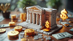 3d bank building, coins and money illustration or representation. Financial data, business and economic transaction concept with cartoon style. Currency, trade and commercial exchange on background