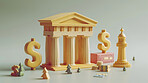 3d bank building, coins and money illustration or representation. Financial data, business and economic transaction concept with cartoon style. Currency, trade and commercial exchange on background