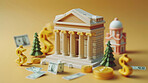 3d bank building, coins and money illustration or representation. Financial data, business and economic transaction concept with cartoon style. Currency, trade and commercial exchange on background