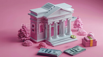 3d bank building, coins and money illustration or representation. Financial data, business and economic transaction concept with cartoon style. Currency, trade and commercial exchange on background