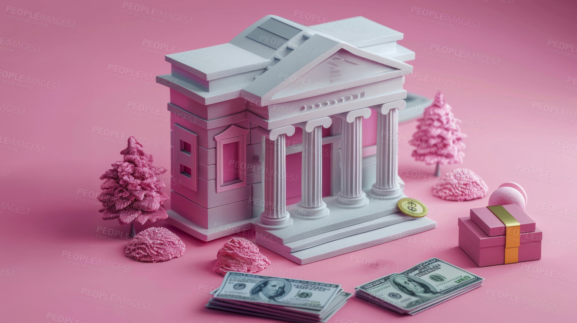 Buy stock photo 3d bank building, coins and money illustration or representation. Financial data, business and economic transaction concept with cartoon style. Currency, trade and commercial exchange on background