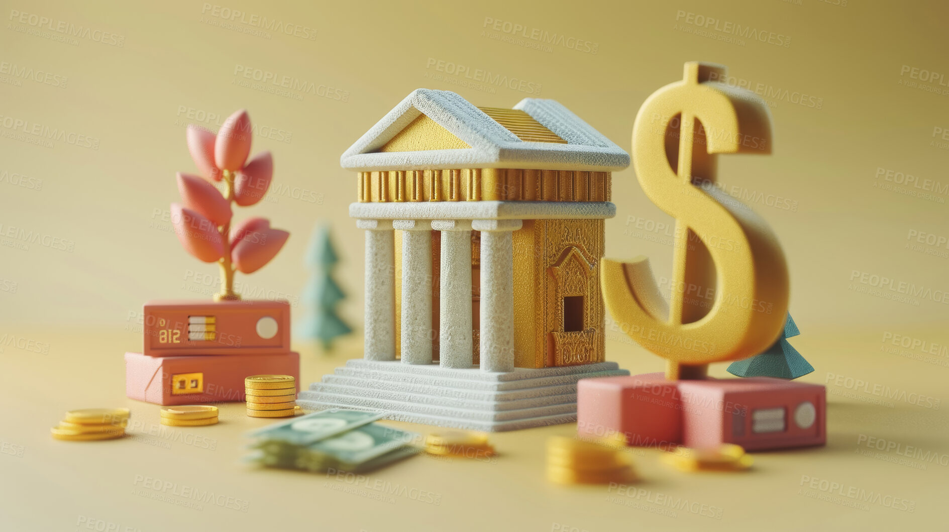 Buy stock photo 3d bank building, coins and money illustration or representation. Financial data, business and economic transaction concept with cartoon style. Currency, trade and commercial exchange on background