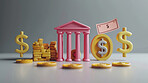 3d bank building, coins and money illustration or representation. Financial data, business and economic transaction concept with cartoon style. Currency, trade and commercial exchange on background