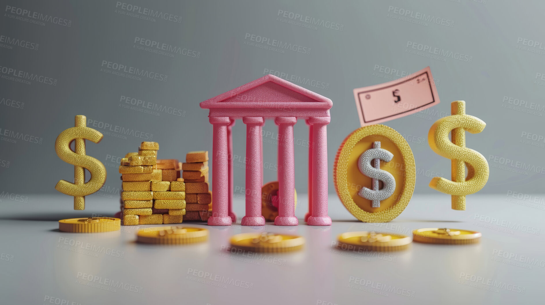 Buy stock photo 3d bank building, coins and money illustration or representation. Financial data, business and economic transaction concept with cartoon style. Currency, trade and commercial exchange on background