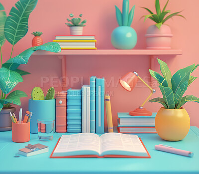 3D desk, books and workstation for home office, study room and remote work. Cartoon, illustration and interior design concept with bright colours for design, animation or isometric background.