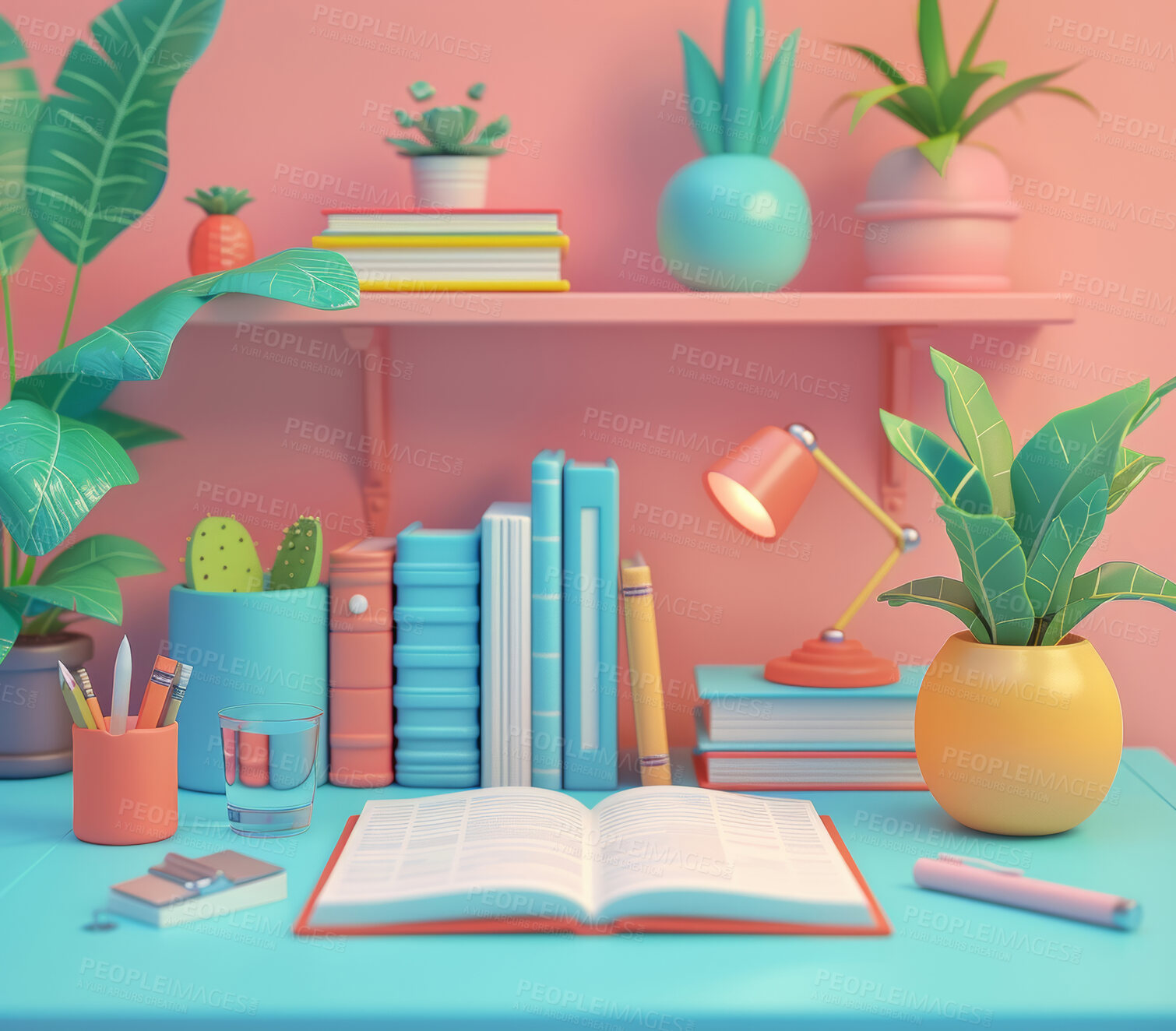 Buy stock photo 3D desk, books and workstation for home office, study room and remote work. Cartoon, illustration and interior design concept with bright colours for design, animation or isometric background.