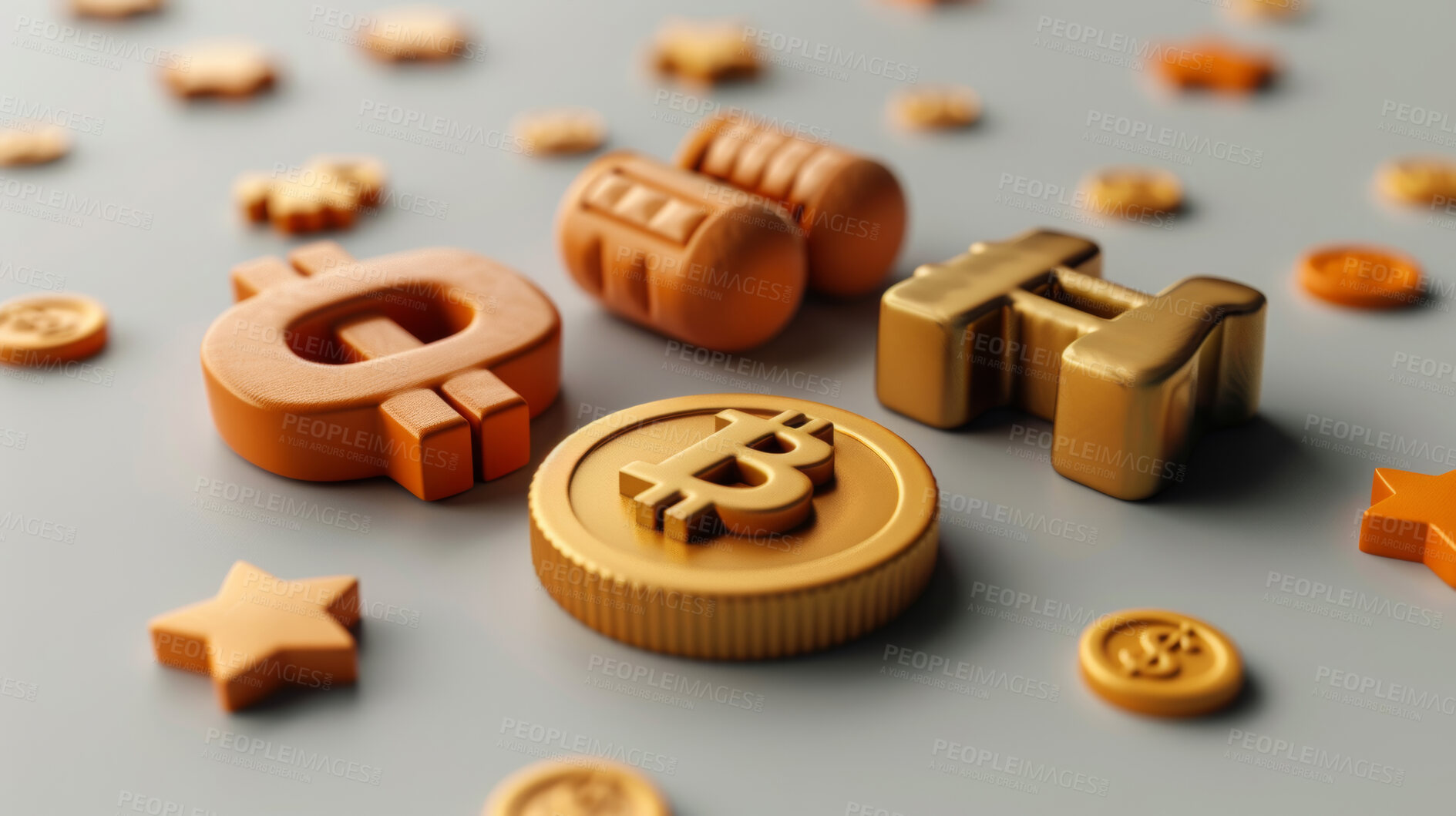 Buy stock photo Bitcoin icon, currency and money illustration or models. Finance , business and global economic transaction concept with cartoon style. Crypto, international trade and commercial exchange on background