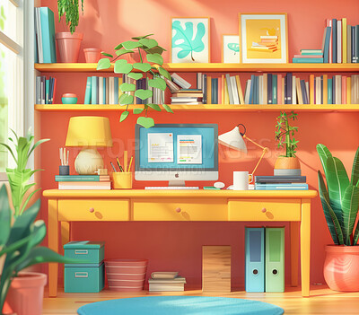3D desk, computer and workstation for home office, study room and remote work. Cartoon, illustration and interior design concept with bright colours for ecommerce, online shopping or background.