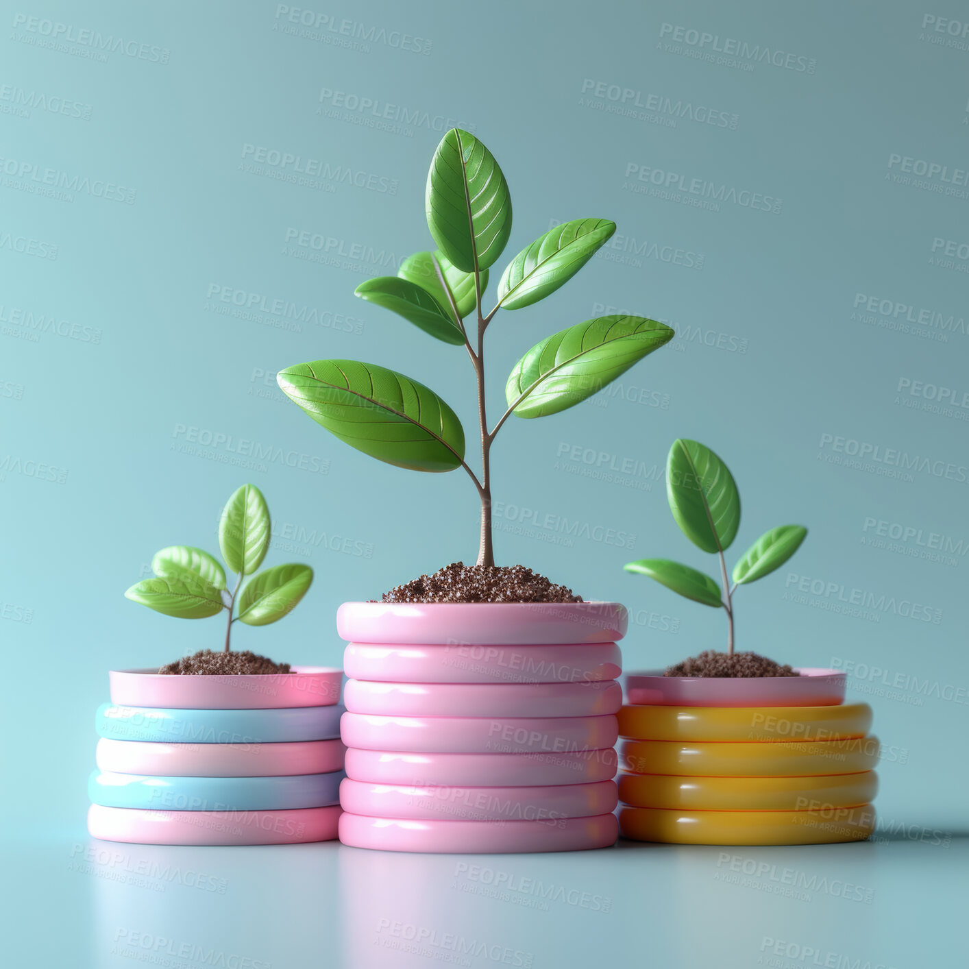 Buy stock photo 3d tree, coins and growth strategy or corporate, accounting and concept for company increase, sales and credit to save money. Financial data, graphs and charts to analyze numbers on background.