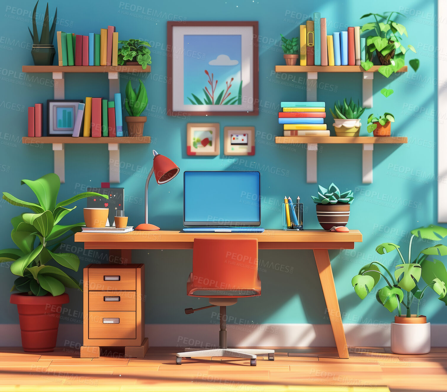 Buy stock photo 3D desk, computer and workstation for home office, study room and remote work. Cartoon, illustration and interior design concept with bright colours for ecommerce, online shopping or background.