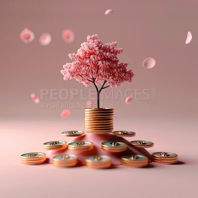 3d tree, coins and growth strategy or corporate, accounting and concept for company increase, sales and credit to save money. Financial data, graphs and charts to analyze numbers on background.