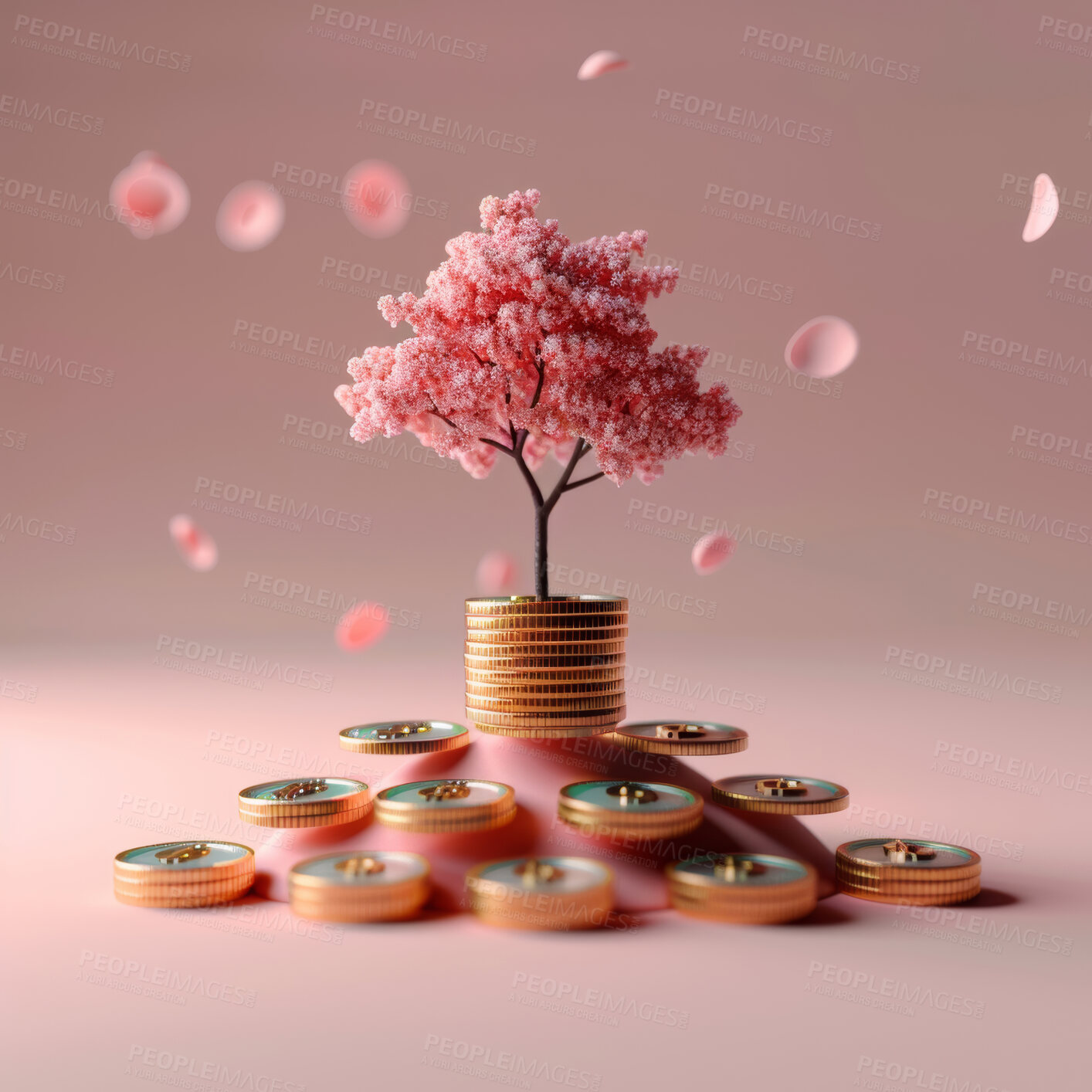 Buy stock photo 3d tree, coins and growth strategy or corporate, accounting and concept for company increase, sales and credit to save money. Financial data, graphs and charts to analyze numbers on background.