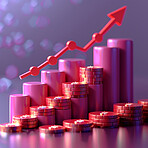 3d graphs, coins and budget strategy or corporate, accounting and Planning for company cost, sales and credit to save money. Financial data, graphs and charts to analyze numbers on background.