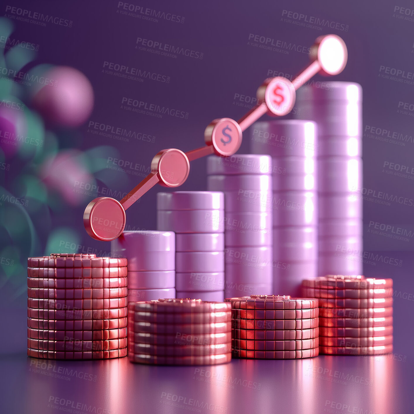 Buy stock photo 3d graphs, coins and budget strategy or corporate, accounting and Planning for company cost, sales and credit to save money. Financial data, graphs and charts to analyze numbers on background.