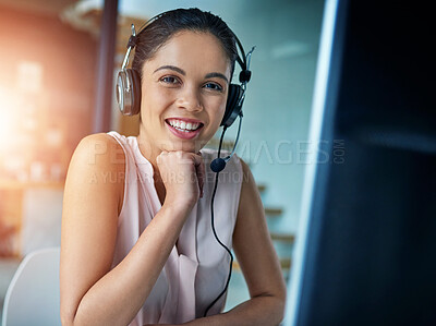Buy stock photo Happy woman, call center and portrait smile for customer service, support or telemarketing at the office. Friendly female person, consultant or agent smiling for online advice, help or communication