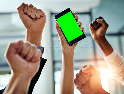 Buy stock photo Hands of business people cheering and celebrate good news on a phone with chroma key, green screen for copy space. Excited team of office workers showing hand gesture for success, victory and winning
