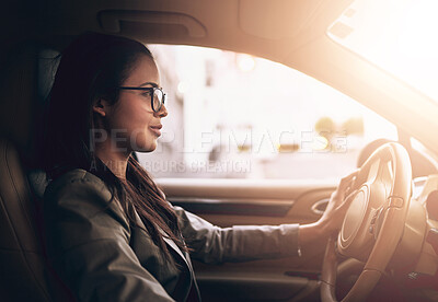 Buy stock photo Woman, driver and profile on car with confidence on commuting for work, job and business trip. Female person, happy and smile on vehicle or transportation for drive on road for journey and adventure