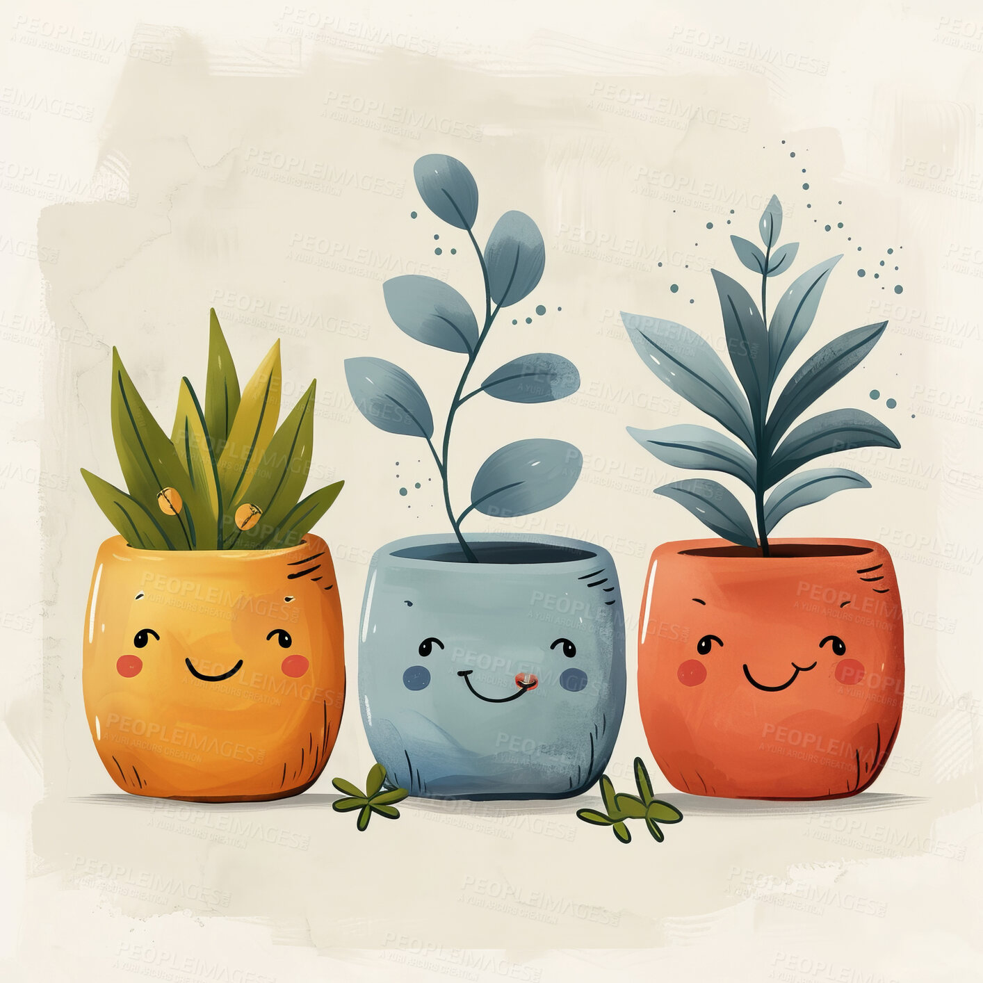 Buy stock photo Pot plant, cute and artistic illustration. Incorporating adorable plant illustrations into décor, adding charm and sweetness. Elevate spaces with charming illustrations.