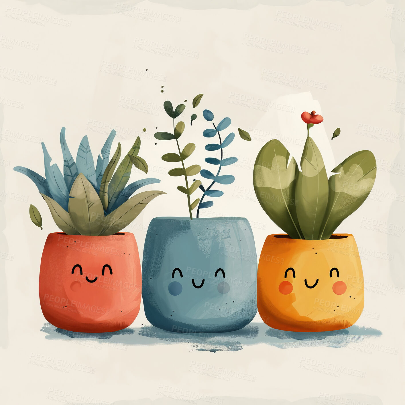 Buy stock photo Pot plant, cute and artistic illustration. Incorporating adorable plant illustrations into décor, adding charm and sweetness. Elevate spaces with charming illustrations.