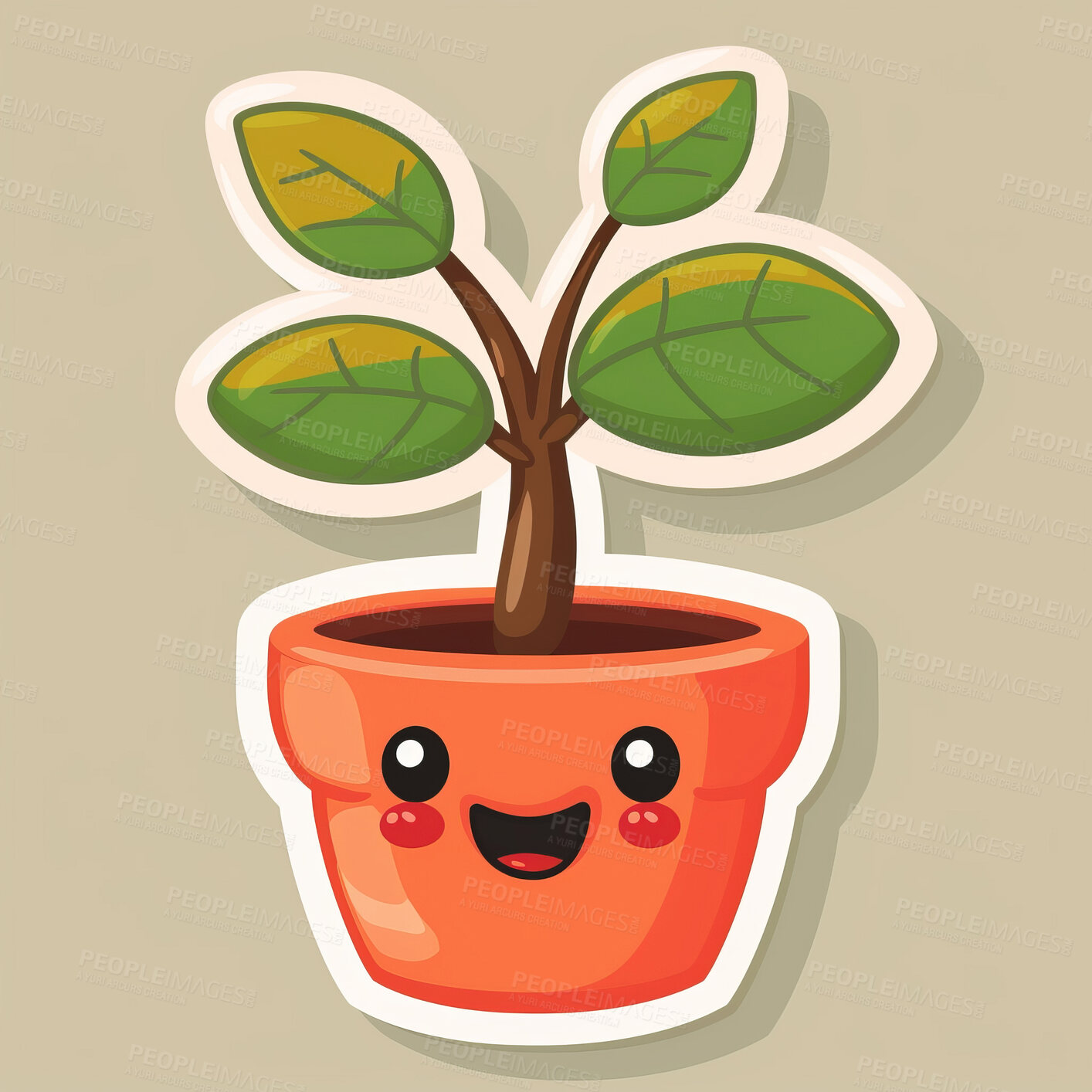 Buy stock photo Pot plant, cute and artistic illustration. Incorporating adorable plant illustrations into décor, adding charm and sweetness. Elevate spaces with charming illustrations.
