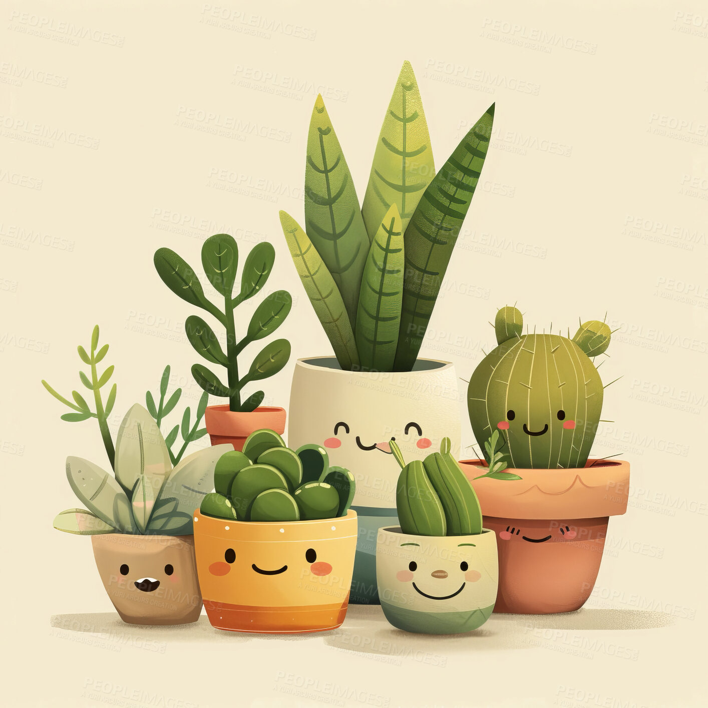 Buy stock photo Pot plant, cute and artistic illustration. Incorporating adorable plant illustrations into décor, adding charm and sweetness. Elevate spaces with charming illustrations.