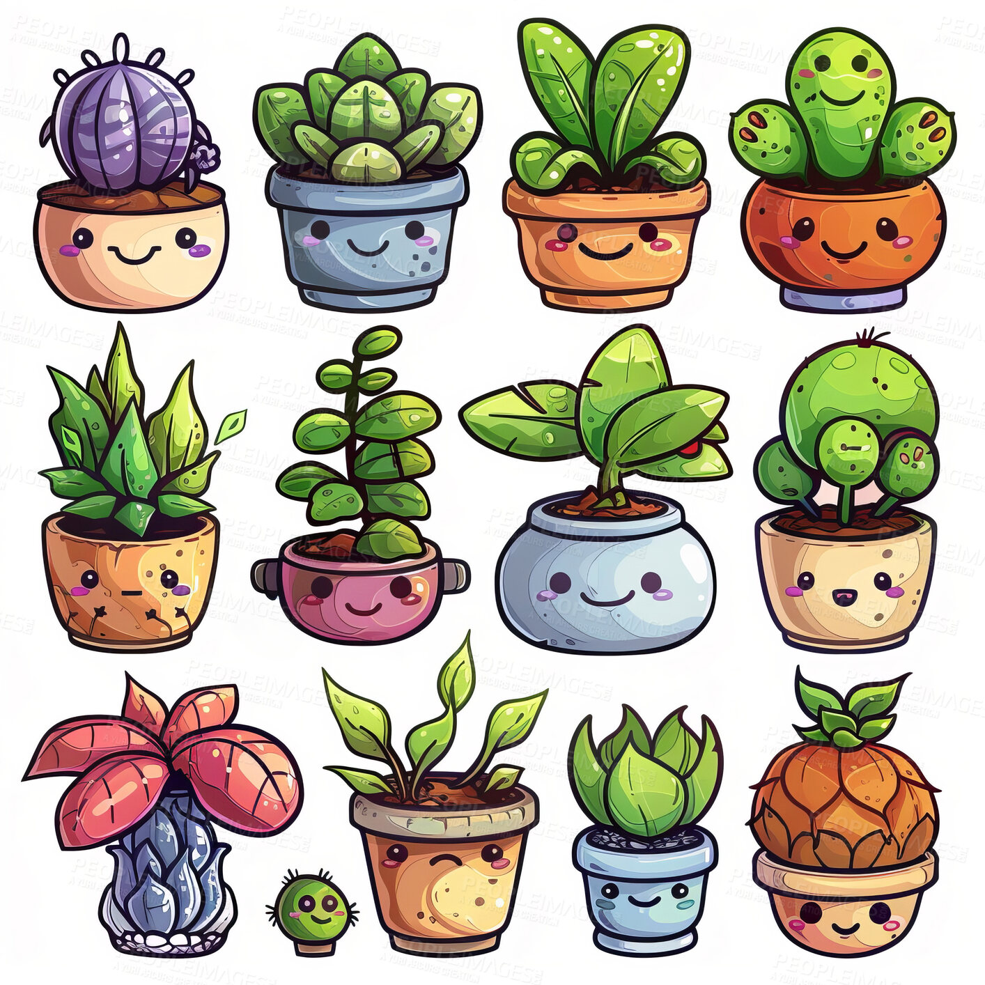 Buy stock photo Pot plant, cute and artistic illustration. Incorporating adorable plant illustrations into décor, adding charm and sweetness. Elevate spaces with charming illustrations.