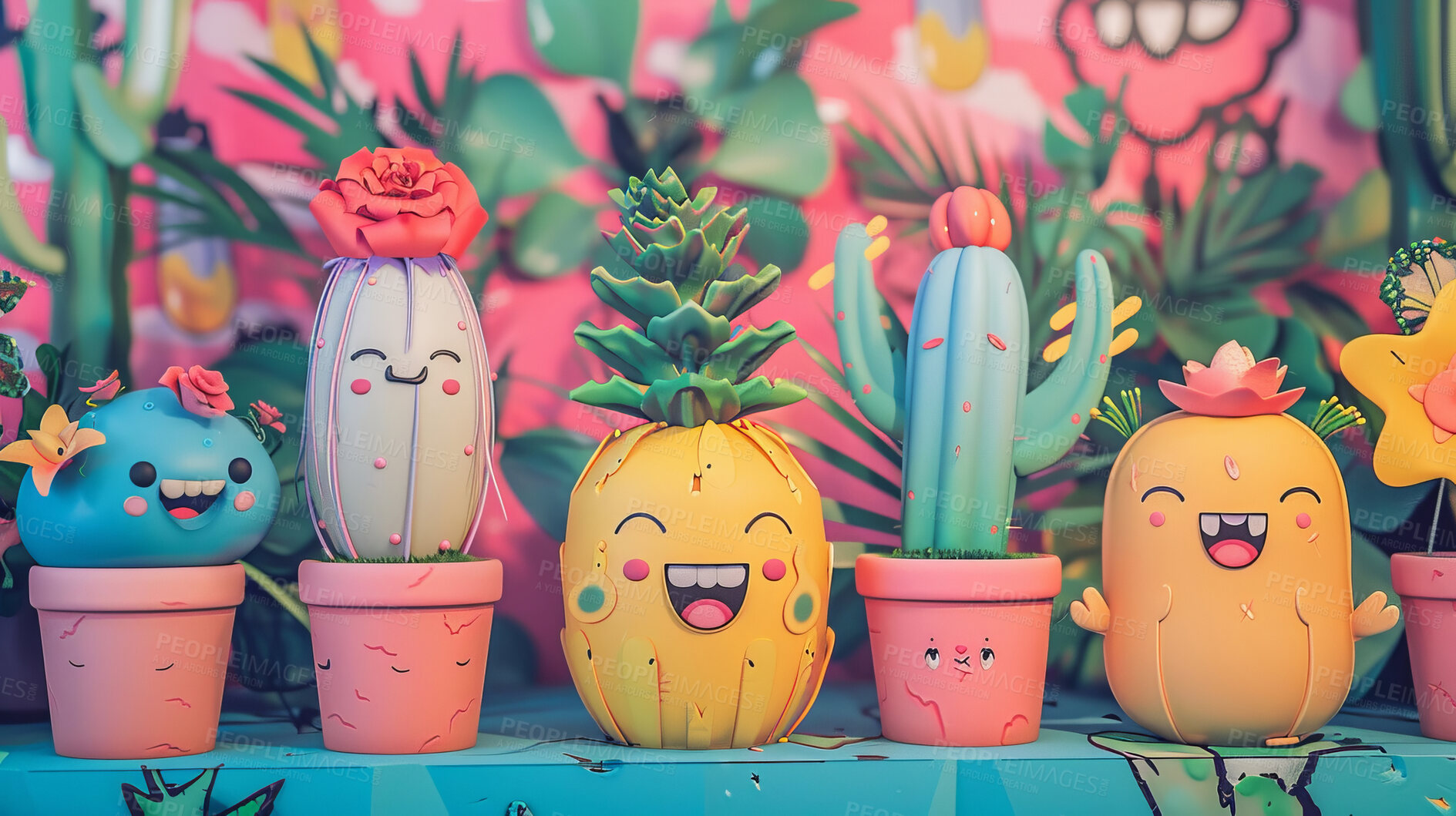 Buy stock photo Pot plant, cute and artistic illustration. Incorporating adorable plant illustrations into décor, adding charm and sweetness. Elevate spaces with charming illustrations.