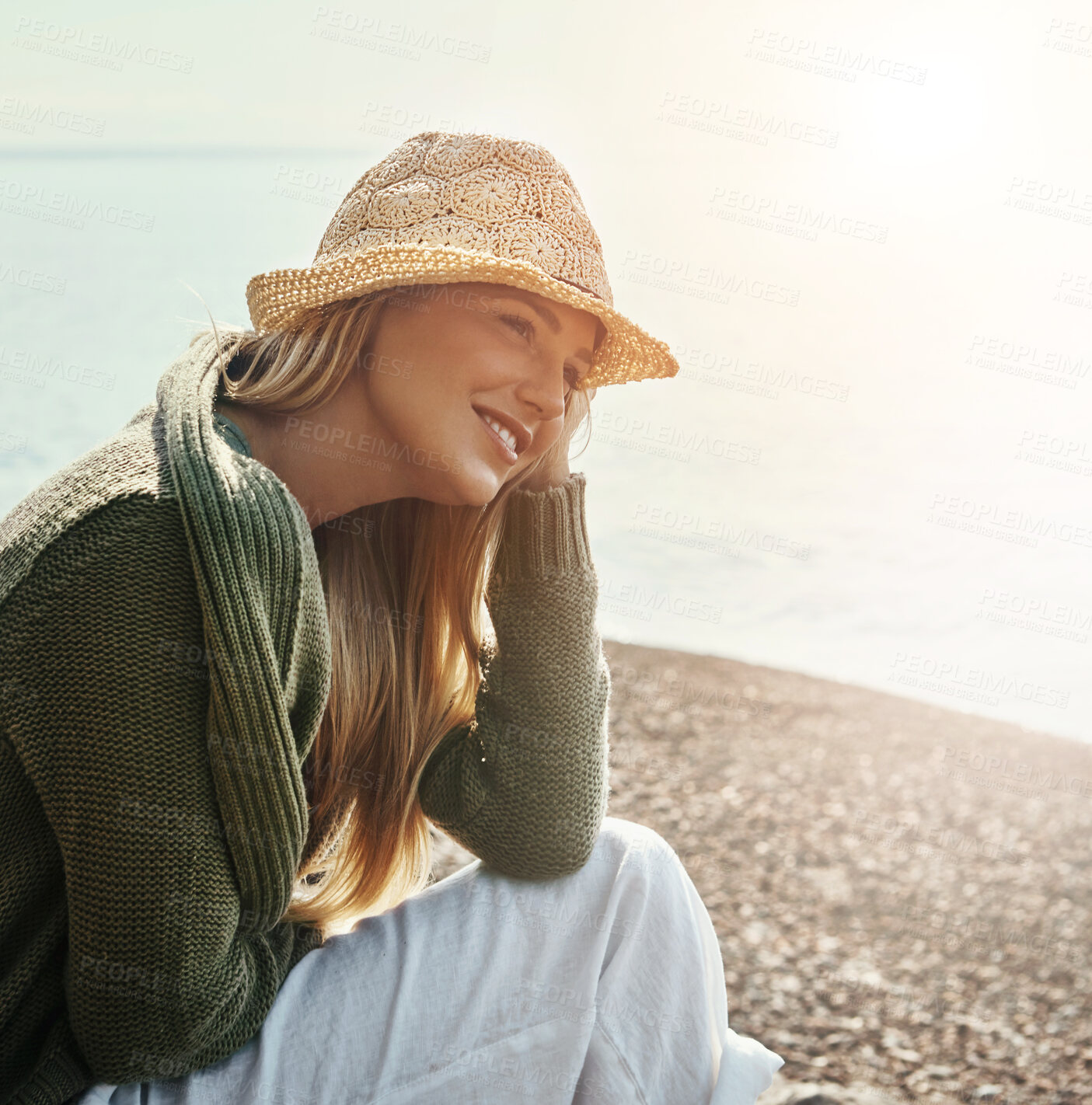 Buy stock photo Happy, thinking and woman relax at beach with vision, sightseeing and daydreaming on holiday. Space, female person and reflection with ocean view, tropical getaway and sunshine for vacation in nature