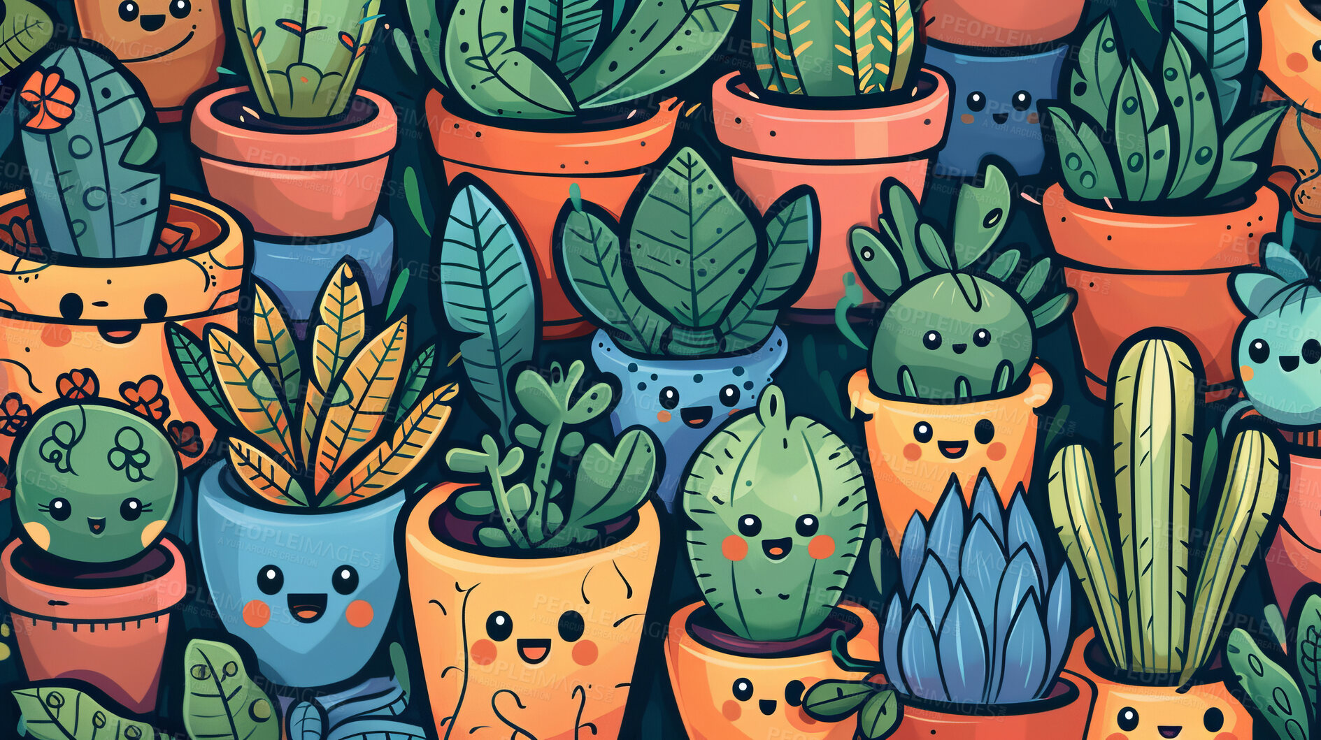 Buy stock photo Pot plant, cute and artistic illustration. Incorporating adorable plant illustrations into décor, adding charm and sweetness. Elevate spaces with charming illustrations.