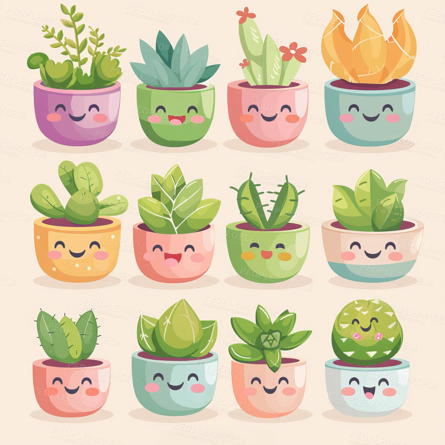 Buy stock photo Pot plant, cute and artistic illustration. Incorporating adorable plant illustrations into décor, adding charm and sweetness. Elevate spaces with charming illustrations.