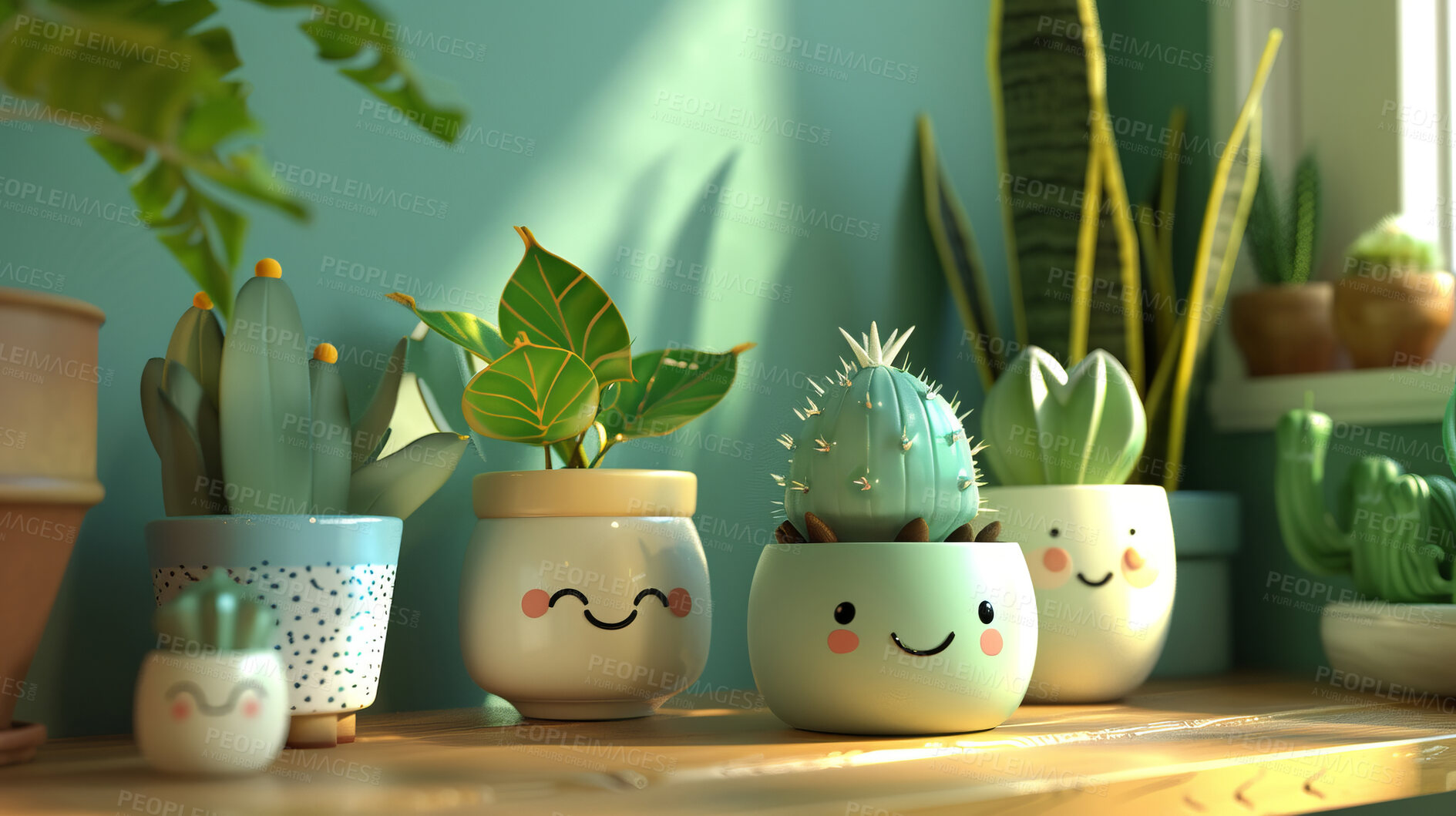 Buy stock photo Pot plant, cute and artistic illustration. Incorporating adorable plant illustrations into décor, adding charm and sweetness. Elevate spaces with charming illustrations.