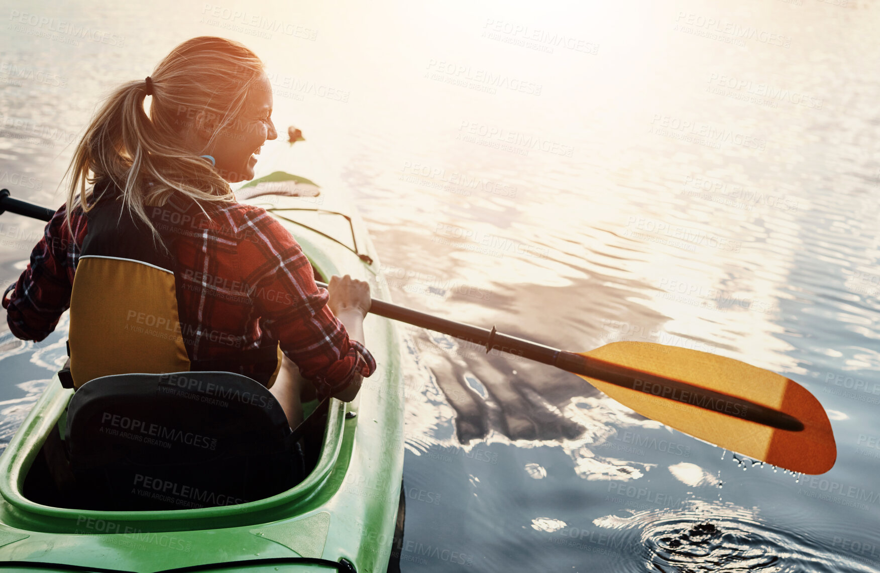 Buy stock photo Happy, lake and woman rowing kayak outdoor for holiday, leisure or vacation in fresh air of nature. Adventure, hobby and travel with tourist person in river from back for break, journey or trip