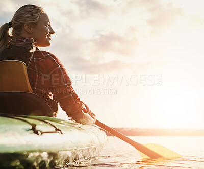 Buy stock photo Lake, smile and woman rowing kayak outdoor for holiday, leisure or vacation in fresh air of nature. Adventure, thinking and travel with tourist person in river from back for break, journey or trip