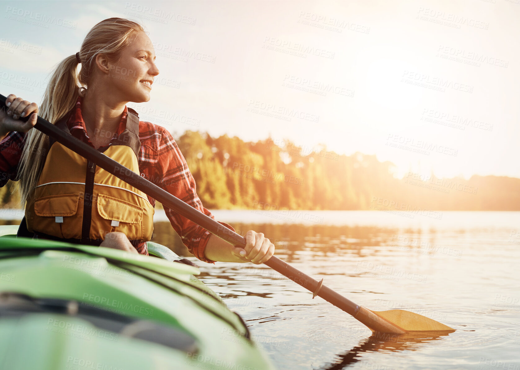 Buy stock photo Hobby, river and woman rowing kayak outdoor for holiday, leisure or vacation in fresh air of nature. Adventure, travel and water with happy tourist person thinking in lake for break, journey or trip