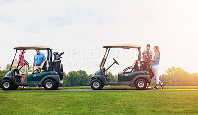 Buy stock photo Golf cart, people and happiness with hobby, game and leisure with weekend break, bonding together and smile. Group, players and buggy with friends, recreation and fun with activity, sports and joyful