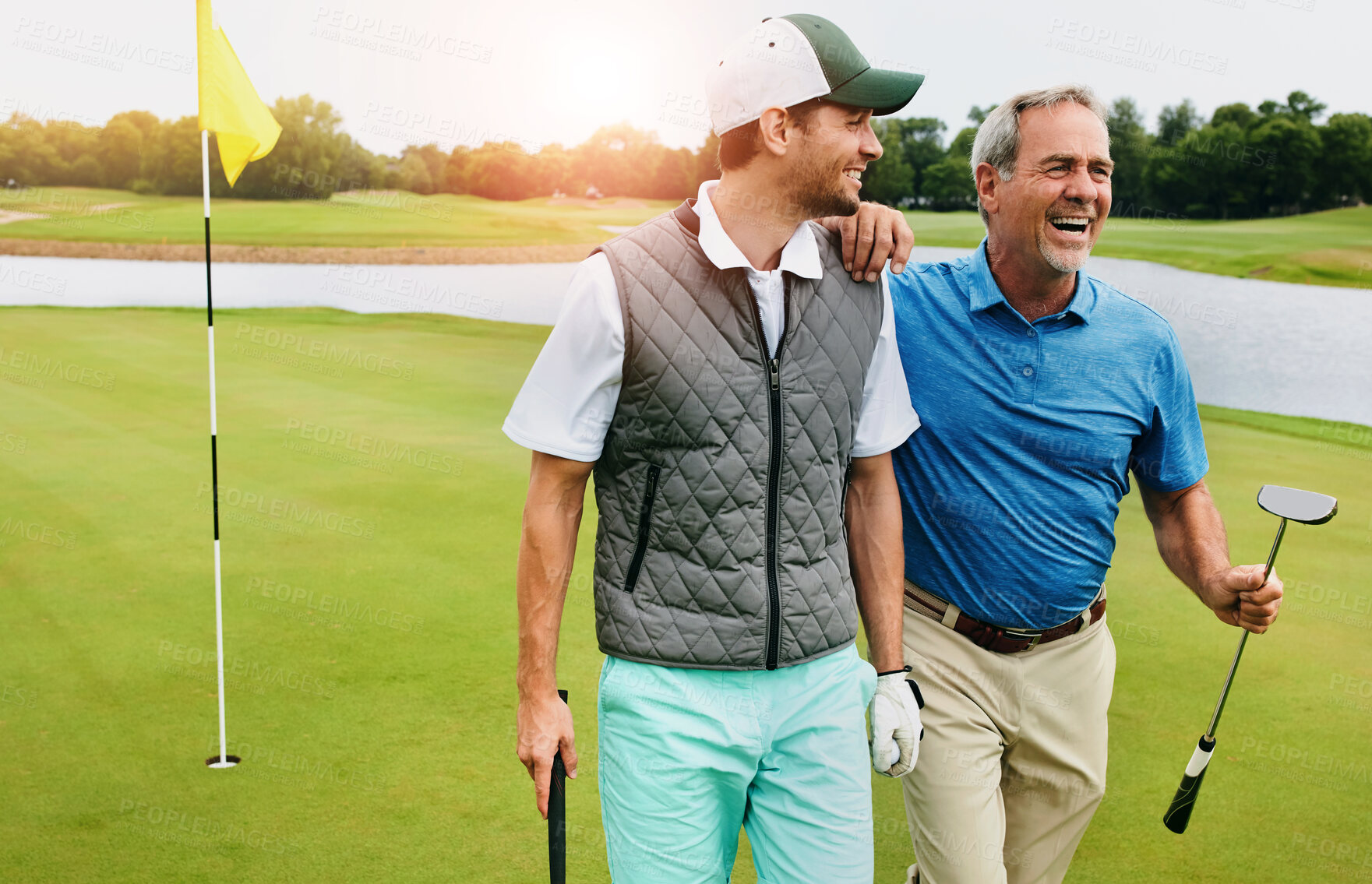 Buy stock photo Men, golf and walking on green for tee off in morning as members in club for health, wellness or business. Male people, putter and hole for sports, exercise or meeting as partner in company for deal