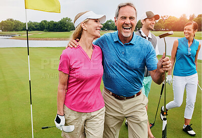 Buy stock photo Mature couple, smile and golf outdoor with friends for fitness challenge, sports or support of hobby training. Happy, men and woman with love for game practice, bonding and turf course of competition