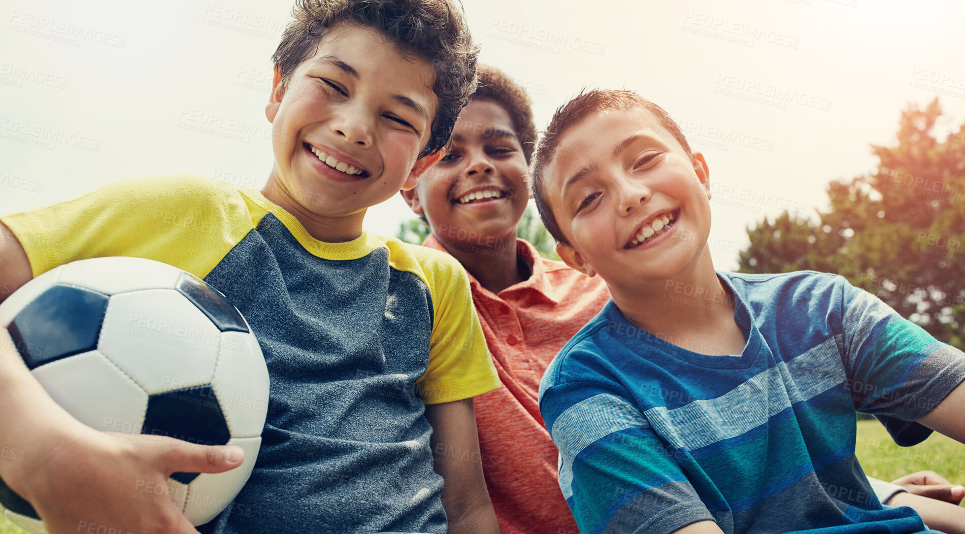 Buy stock photo Soccer, friends and portrait of children in park with ball for playing, having fun and sports outdoors. Childhood, youth and happy boys for games on holiday, vacation and weekend together in nature