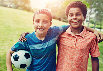 Buy stock photo Soccer, hug and portrait of children in park for bonding, games and fun on outdoor holiday together. Sports, kids and happy friends on grass with smile, ball and embrace on summer camp for football.