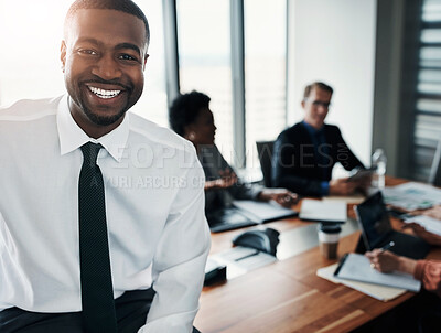 Buy stock photo Business meeting, portrait and happy black man in office with team for planning, research or discussion. Corporate, conference or manager face at agency for group collaboration, solution or feedback