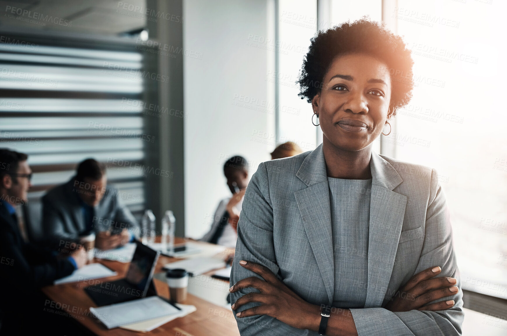 Buy stock photo Office, meeting and portrait of business black woman with crossed arms for planning, collaboration and teamwork. Corporate, professional and manager with workers for coworking, feedback and training