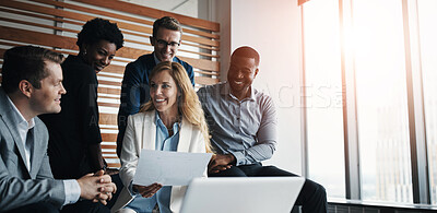 Buy stock photo Document, laptop and business people in office for discussion with revenue or profit report. Meeting, team and group of financial advisors with computer and company finance paperwork in workplace.