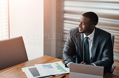 Buy stock photo Black man, paperwork and thinking in office on finance, research and plan for growth on laptop. Male person, brainstorming and review credit report for feedback at insurance agency, bank and stats