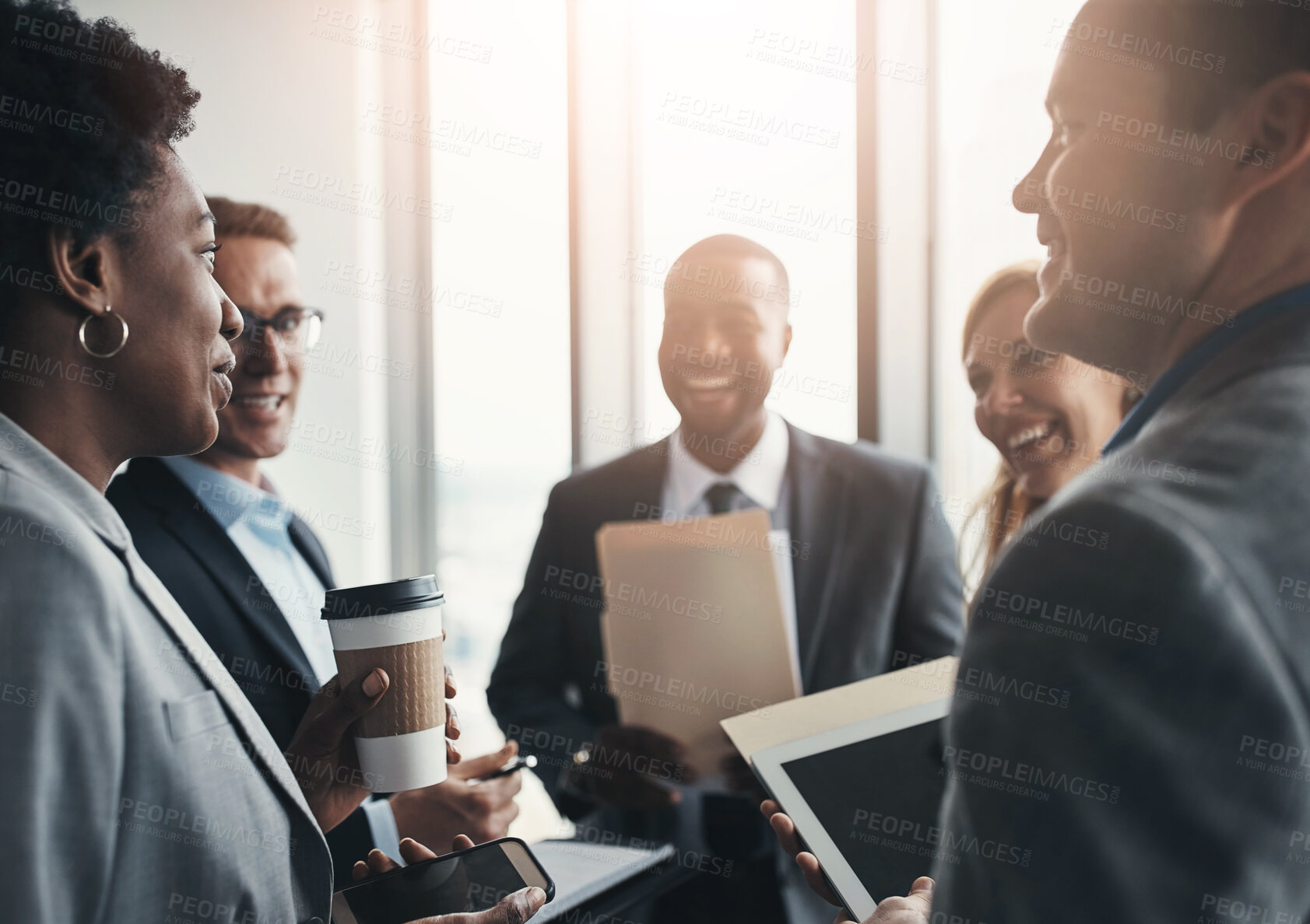Buy stock photo Happy, business people and laughing with team in meeting for social discussion or funny joke. Group, employees or colleagues with smile, humor or comedy for friendly work collaboration in workplace